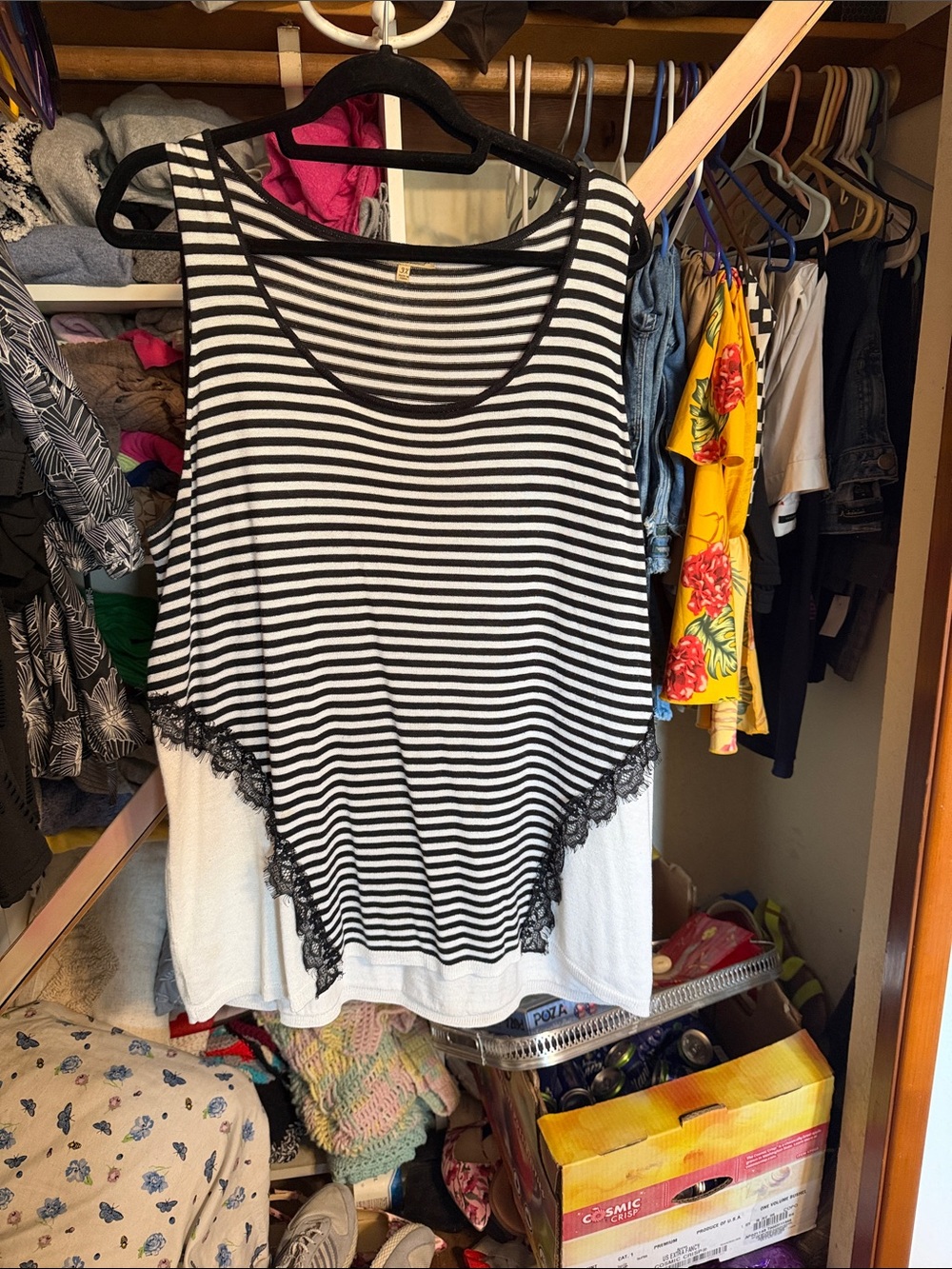 Democracy Black & White Striped Lace-Trim Tank Top